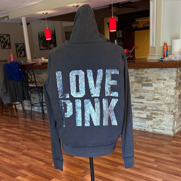 PINK Victoria’s Secret size large zip up hoodie gray with sequins and lined - Picture 1 of 7